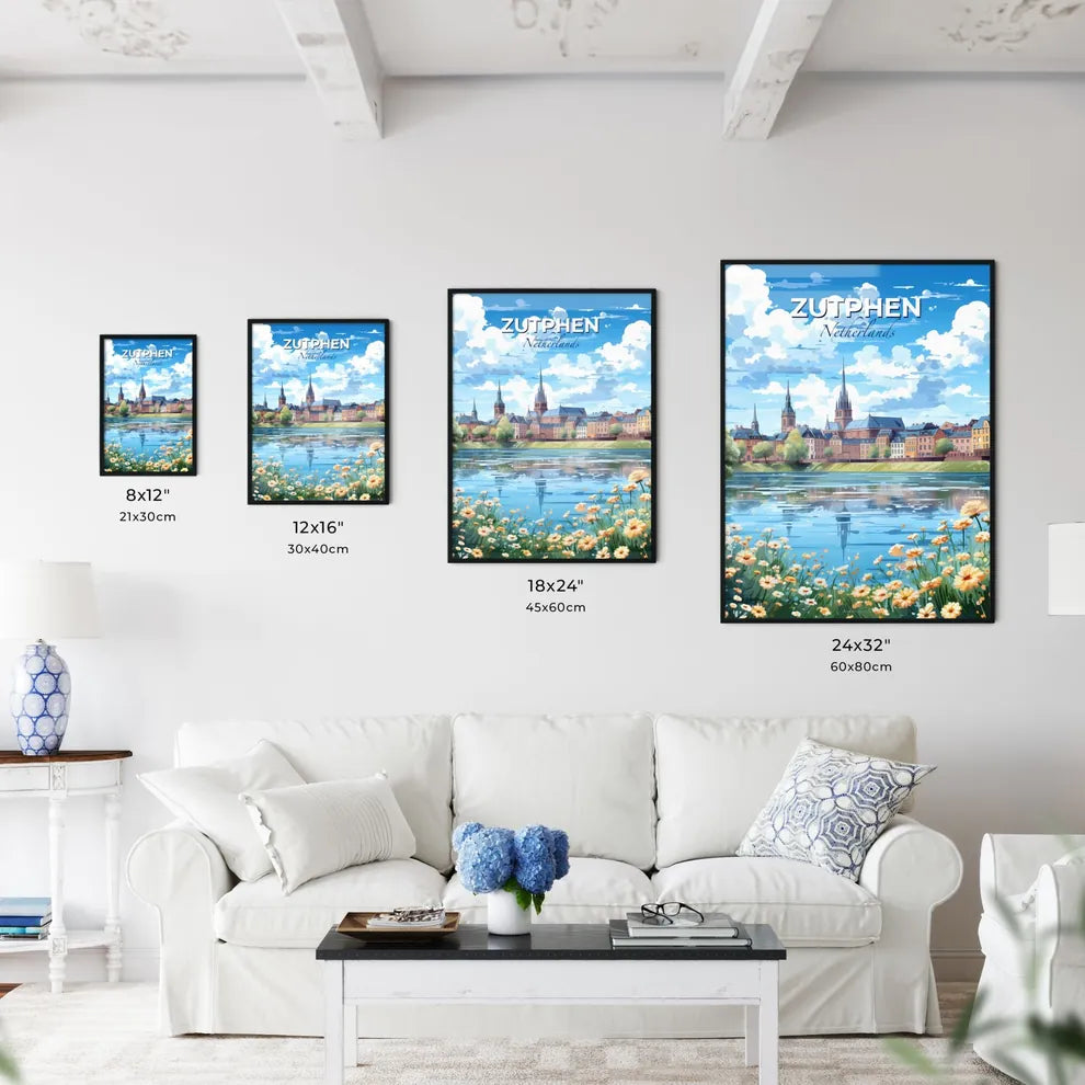 Zutphen, Netherlands, A Poster of a water body with flowers and a city in the background Default Title