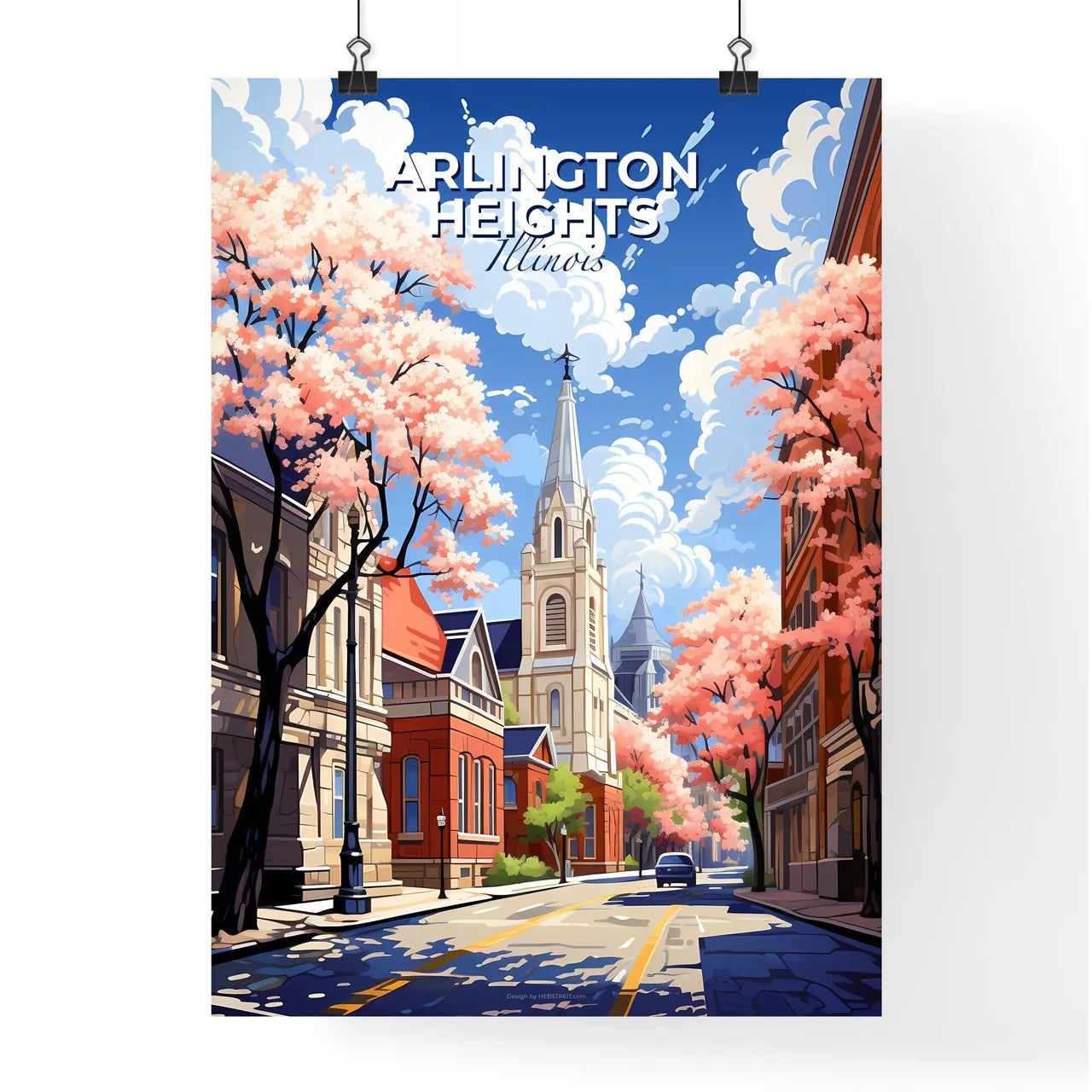Arlington Heights, Illinois, A Poster of a street with trees and a church Default Title