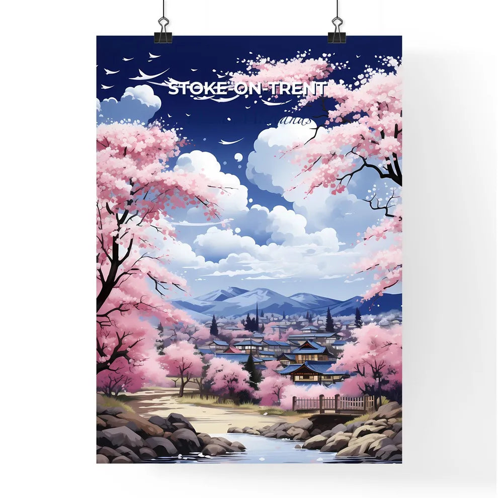 Stoke-On-Trent, West Midlands, A Poster of a landscape with pink trees and buildings Default Title