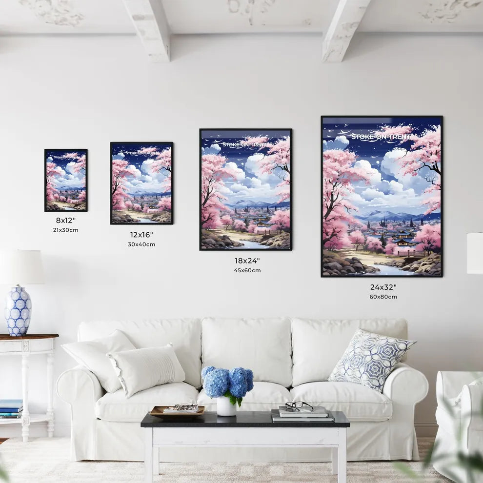 Stoke-On-Trent, West Midlands, A Poster of a landscape with pink trees and buildings Default Title