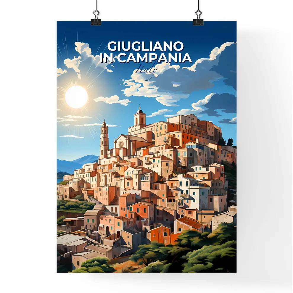 Giugliano In Campania, Italy, A Poster of a city on a hill with trees and mountains in the background Default Title