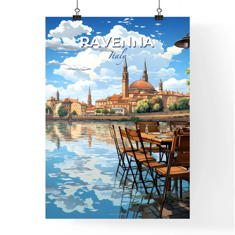 Ravenna, Italy, A Poster of a table and chairs by a lake Default Title