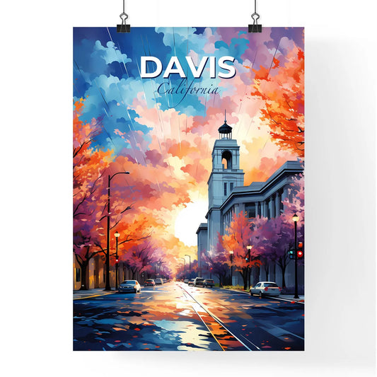 Davis, California, A Poster of a street with cars and trees with a bell tower Default Title