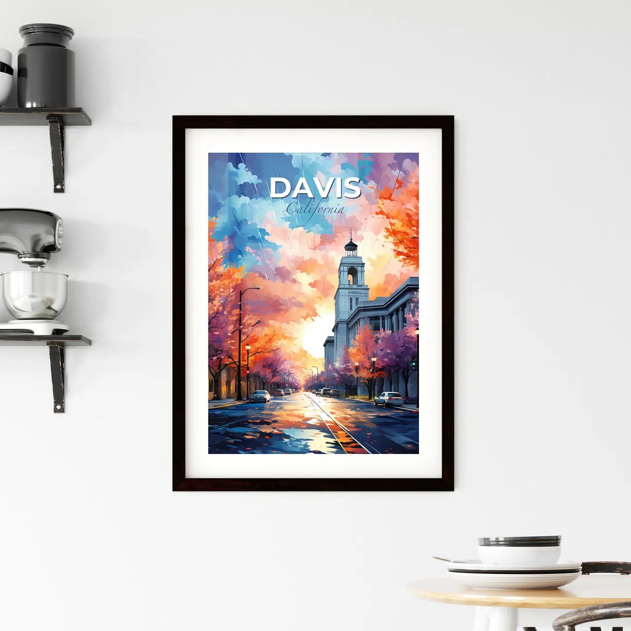 Davis, California, A Poster of a street with cars and trees with a bell tower Default Title