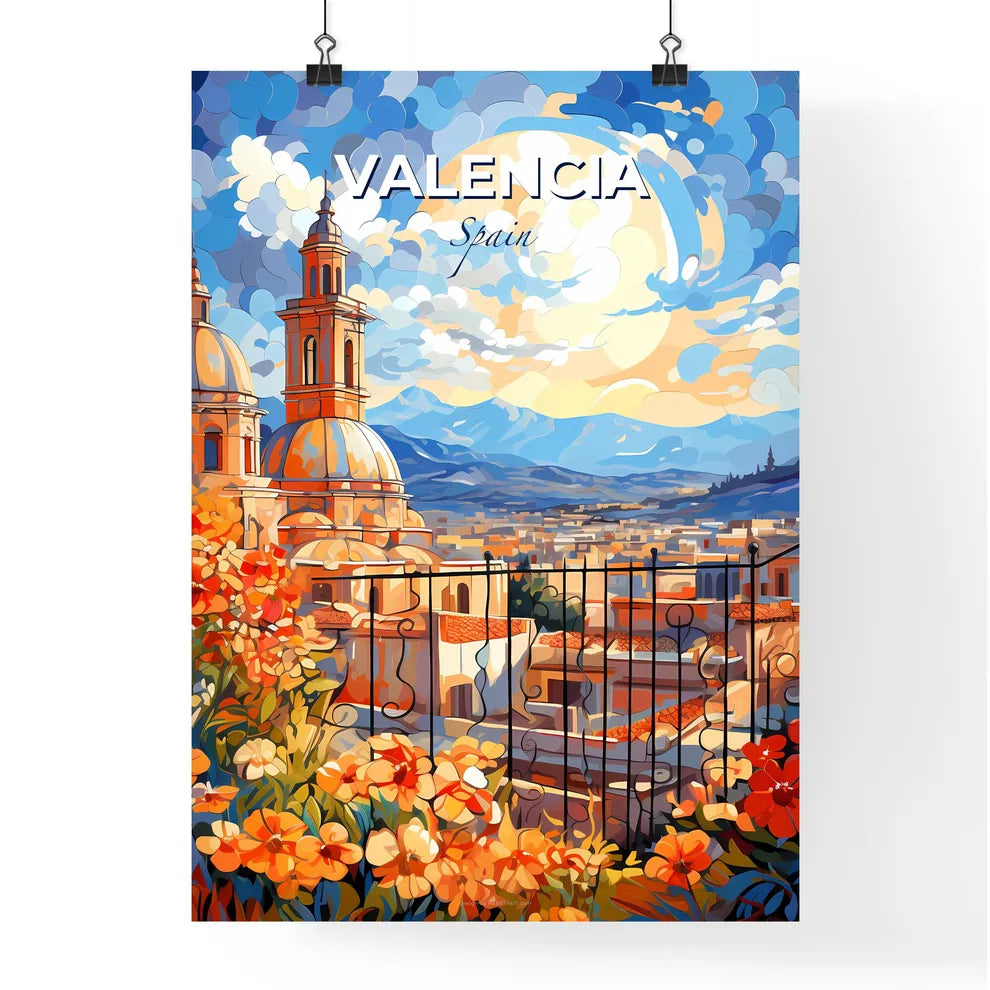 Valencia, Spain, A Poster of a painting of a building with flowers and mountains in the background Default Title