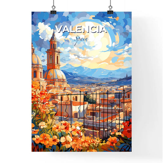 Valencia, Spain, A Poster of a painting of a building with flowers and mountains in the background Default Title