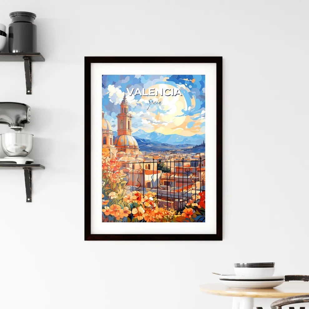 Valencia, Spain, A Poster of a painting of a building with flowers and mountains in the background Default Title