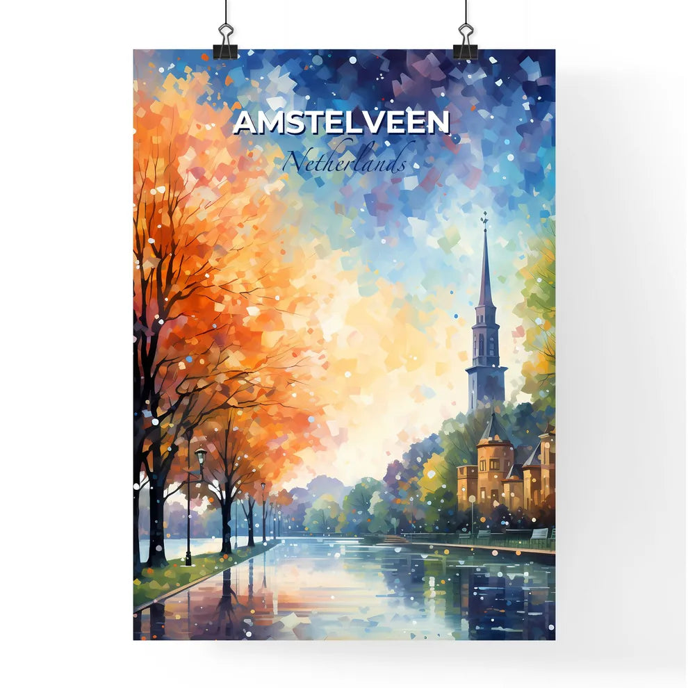 Amstelveen, Netherlands, A Poster of a water way with trees and buildings Default Title