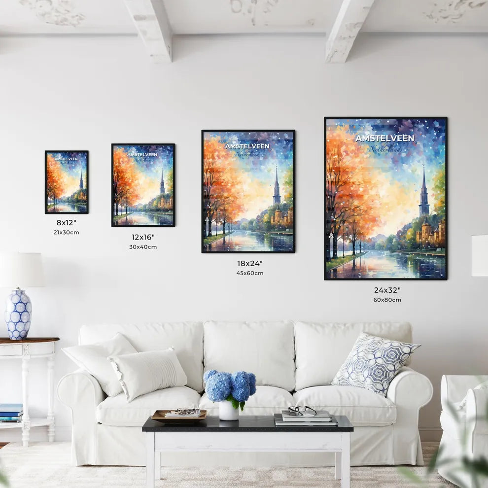 Amstelveen, Netherlands, A Poster of a water way with trees and buildings Default Title