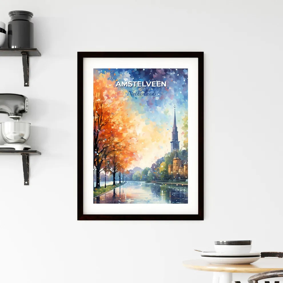 Amstelveen, Netherlands, A Poster of a water way with trees and buildings Default Title