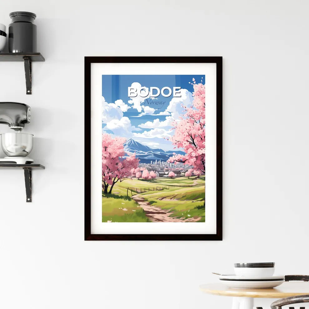 Bodoe, Norway, A Poster of a landscape with pink trees and a city in the background Default Title