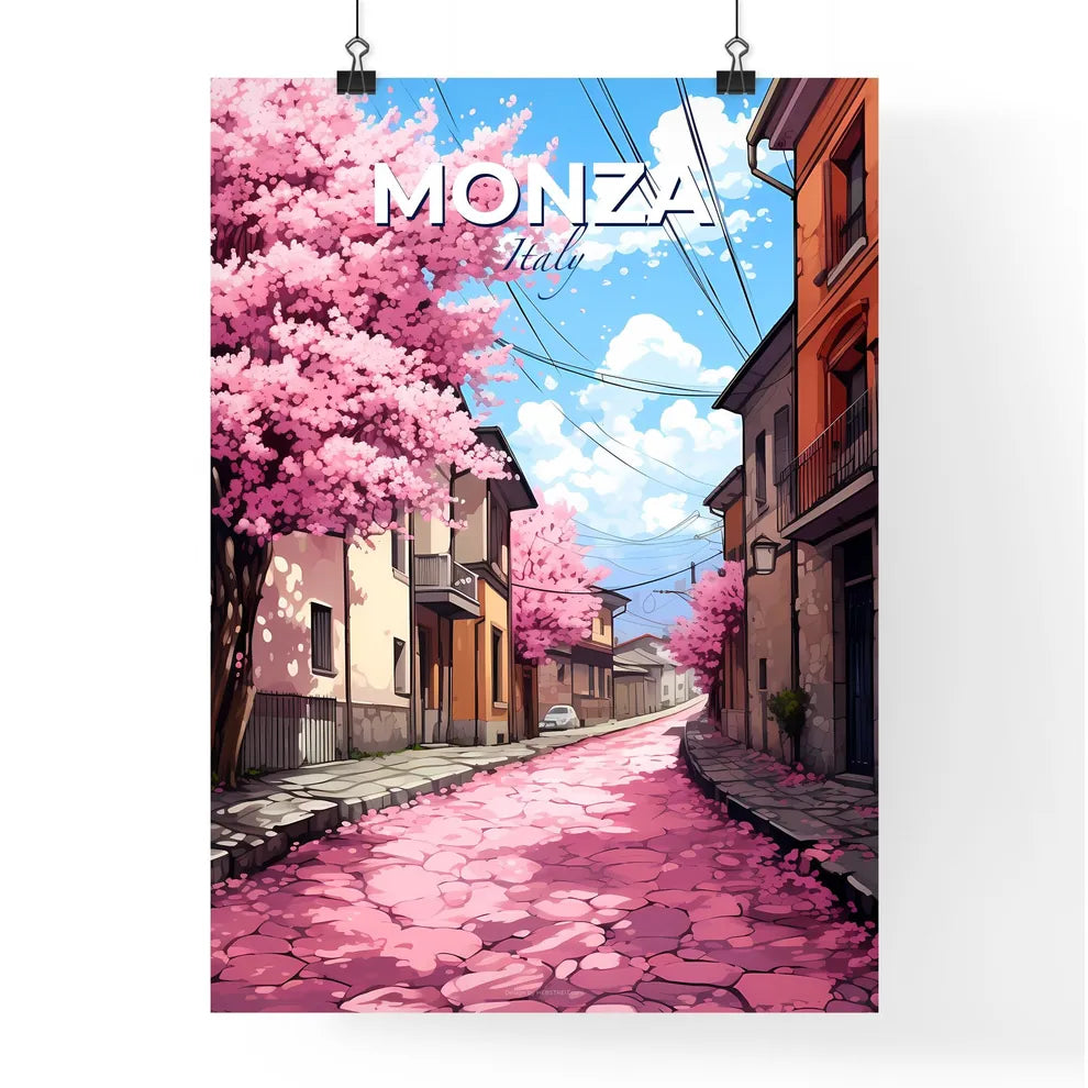 Monza, Italy, A Poster of a street with pink trees and buildings Default Title