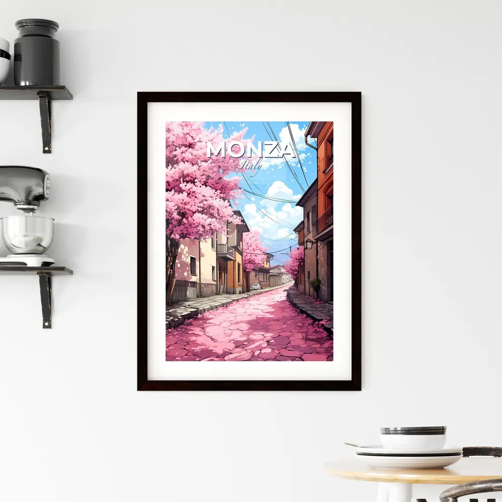 Monza, Italy, A Poster of a street with pink trees and buildings Default Title