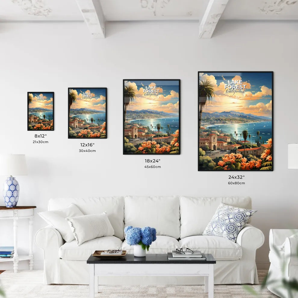 Lake Forest, California, A Poster of a landscape of a town with orange flowers and a body of water Default Title