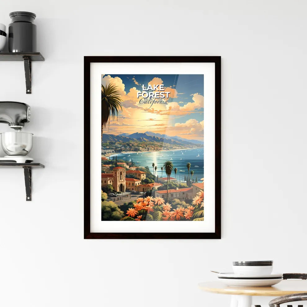 Lake Forest, California, A Poster of a landscape of a town with orange flowers and a body of water Default Title