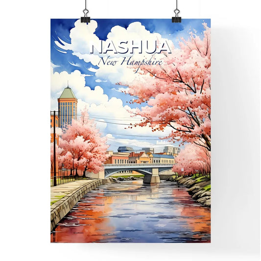 Nashua, New Hampshire, A Poster of a water canal with pink trees and buildings Default Title