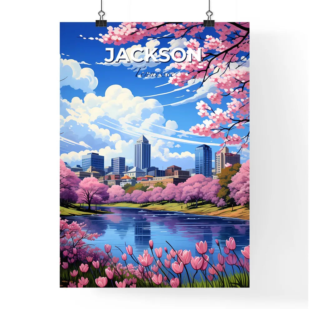 Jackson, Tennessee, A Poster of a city with pink flowers and a river Default Title