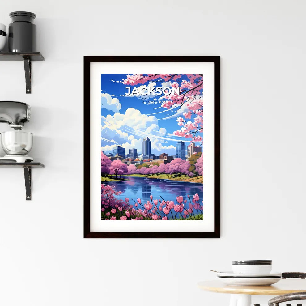 Jackson, Tennessee, A Poster of a city with pink flowers and a river Default Title
