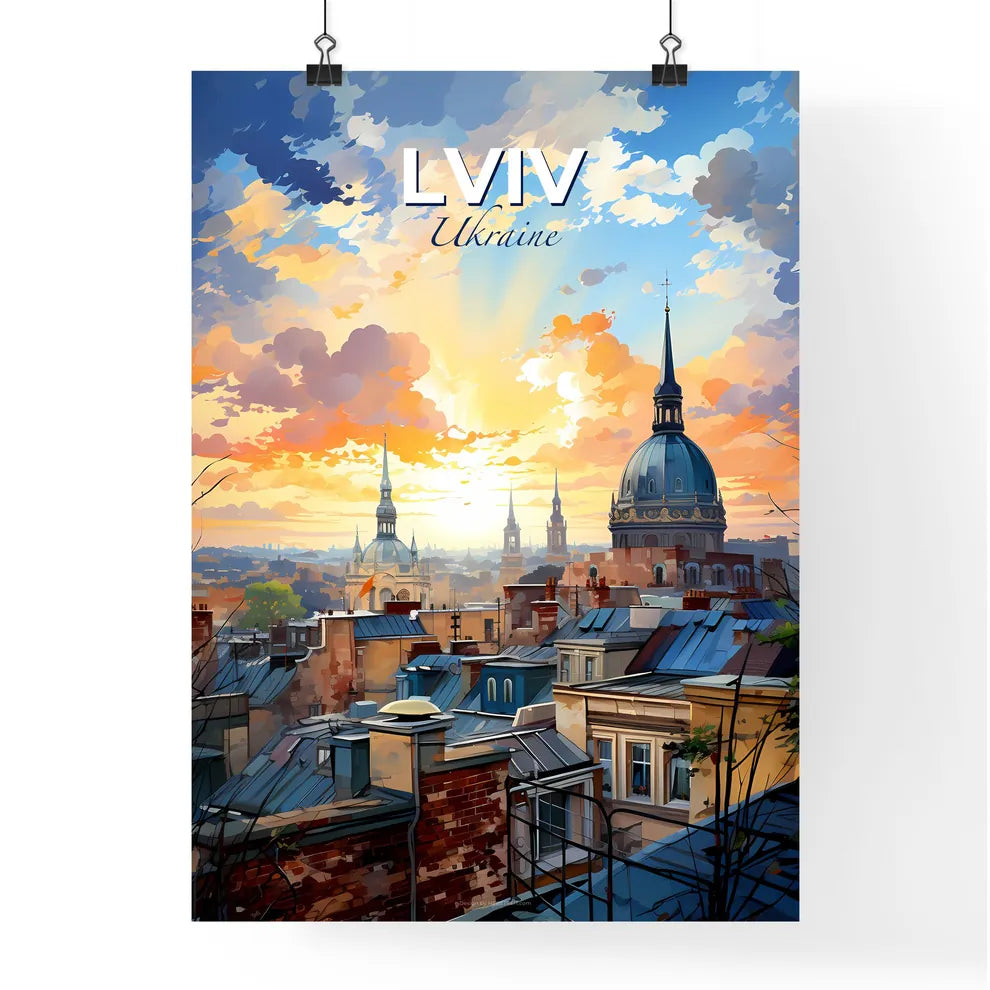 Lviv, Ukraine, A Poster of a city with a dome and a cloudy sky Default Title