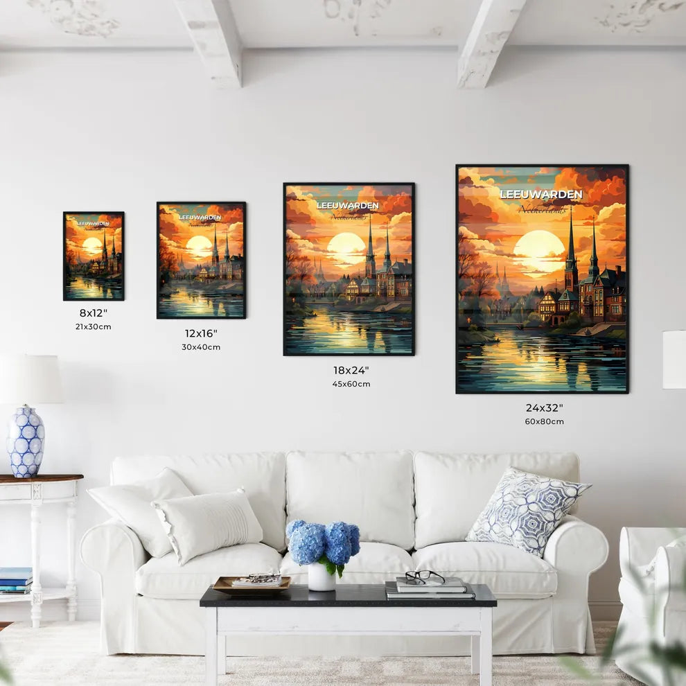 Leeuwarden, Netherlands, A Poster of a sunset over a river with a city and trees Default Title