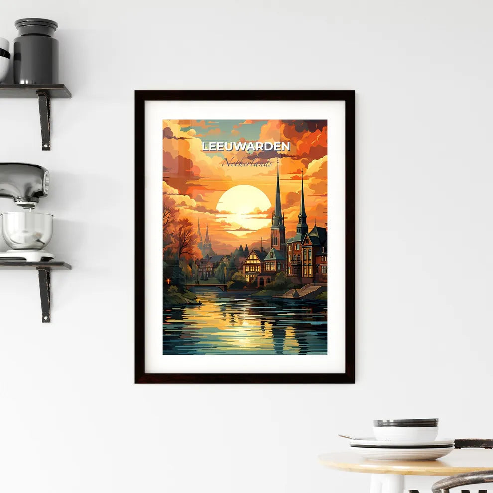 Leeuwarden, Netherlands, A Poster of a sunset over a river with a city and trees Default Title