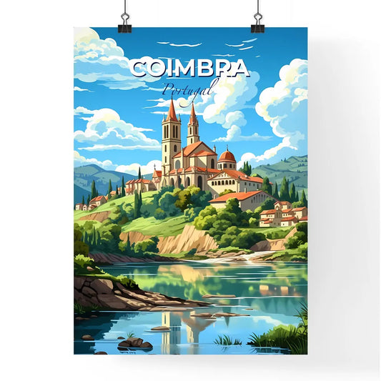 Coimbra, Portugal, A Poster of a painting of a building on a hill with trees and a river Default Title