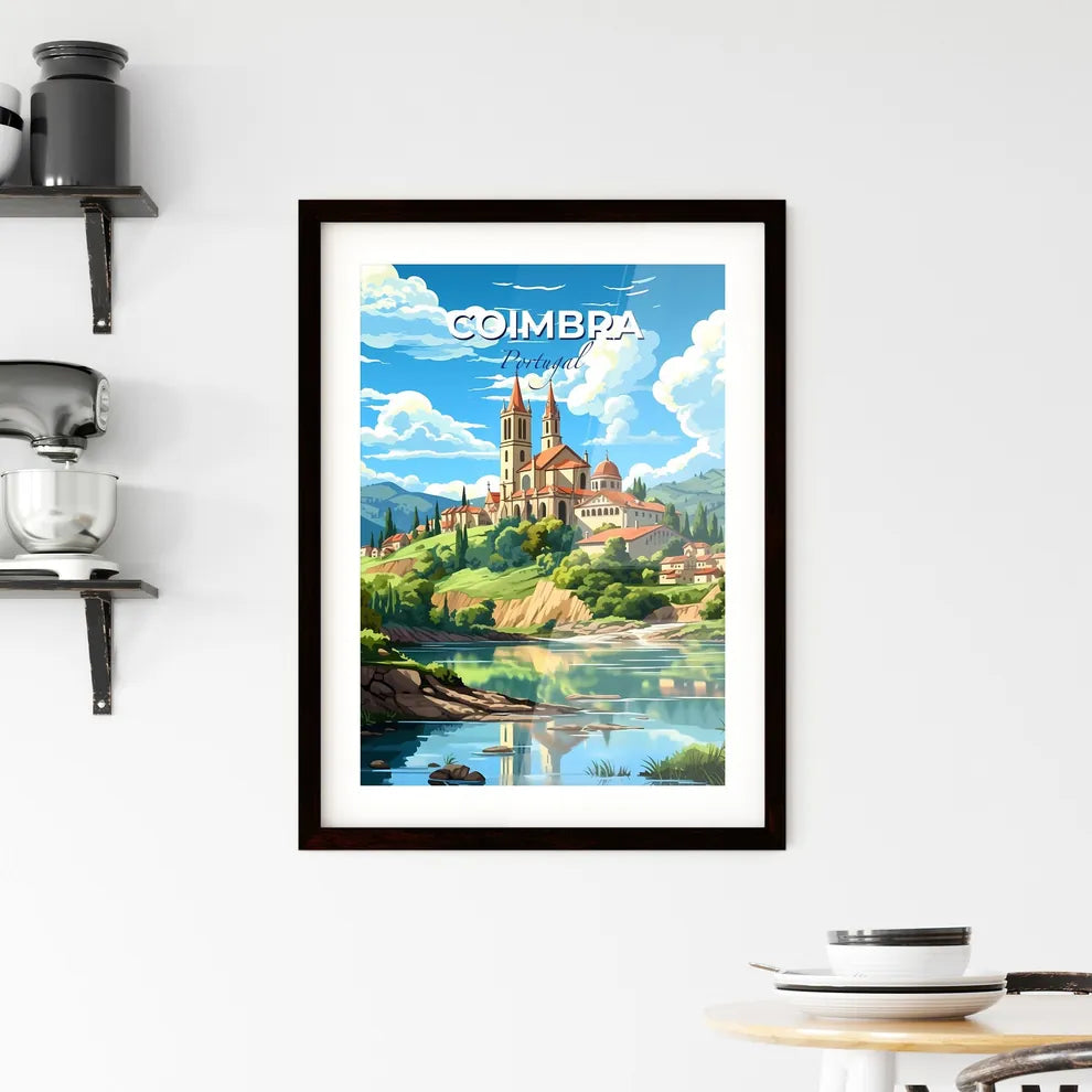 Coimbra, Portugal, A Poster of a painting of a building on a hill with trees and a river Default Title