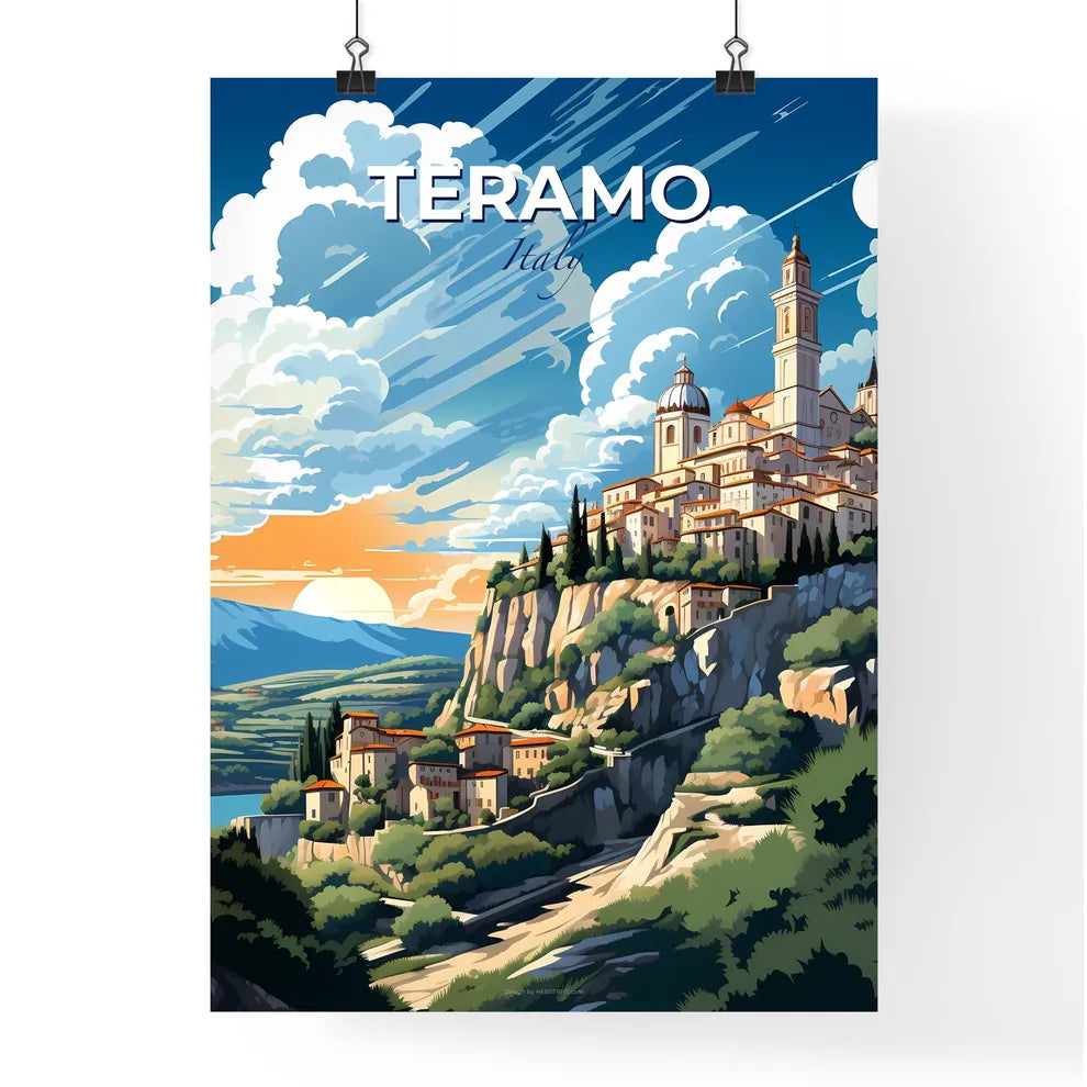 Teramo, Italy, A Poster of a painting of a town on a hill Default Title