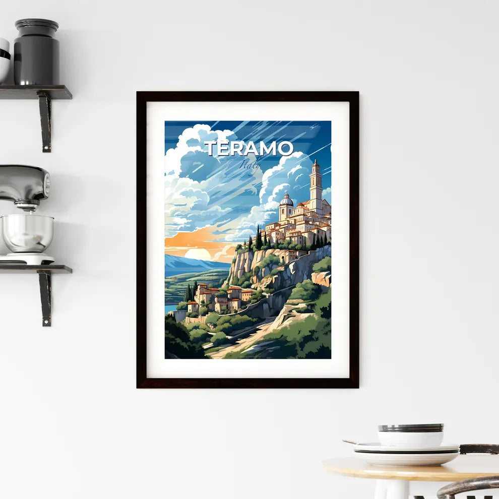 Teramo, Italy, A Poster of a painting of a town on a hill Default Title