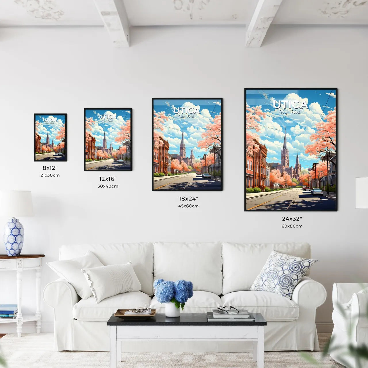 Utica, New York, A Poster of a street with cars and trees with pink flowers on the side Default Title