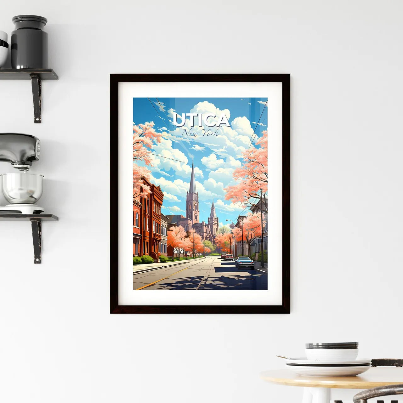 Utica, New York, A Poster of a street with cars and trees with pink flowers on the side Default Title