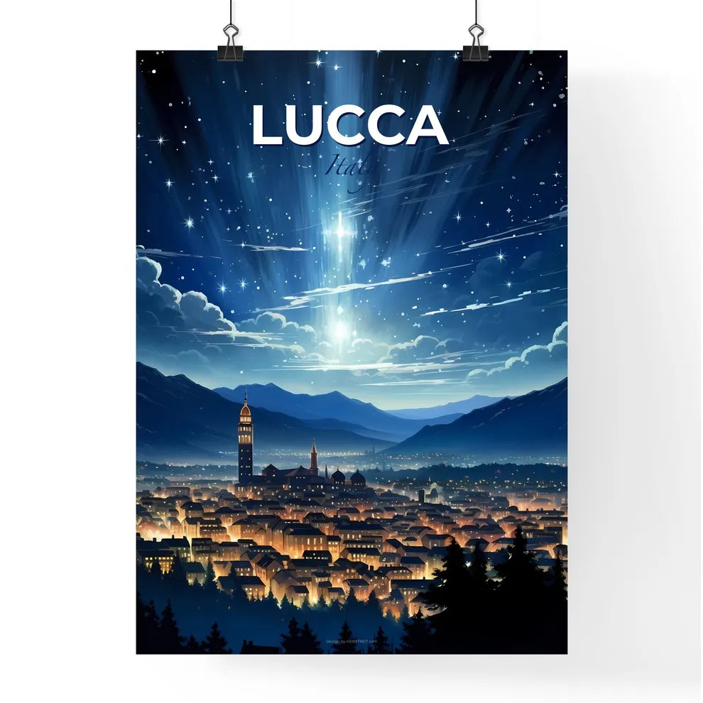 Lucca, Italy, A Poster of a city with lights and mountains in the background Default Title