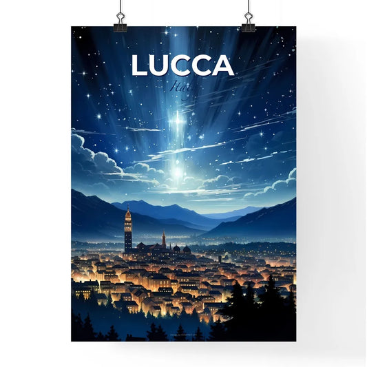 Lucca, Italy, A Poster of a city with lights and mountains in the background Default Title