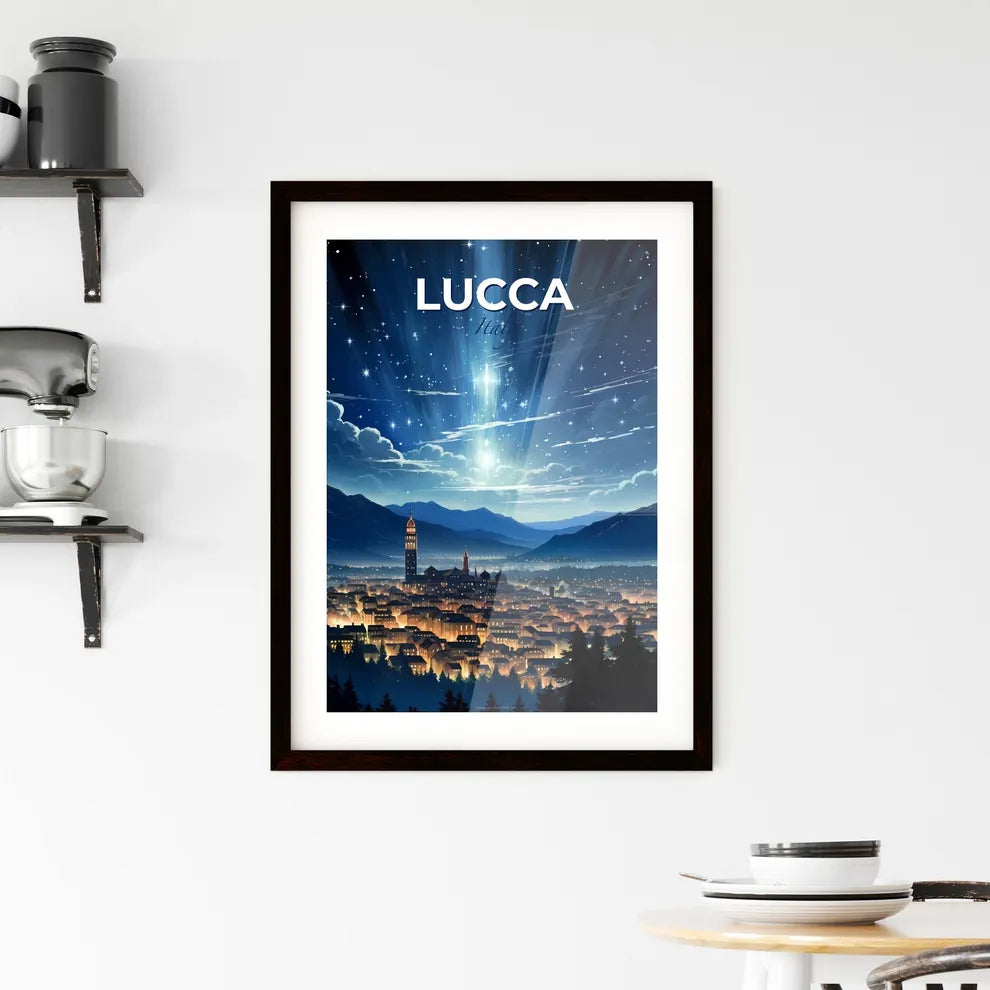 Lucca, Italy, A Poster of a city with lights and mountains in the background Default Title