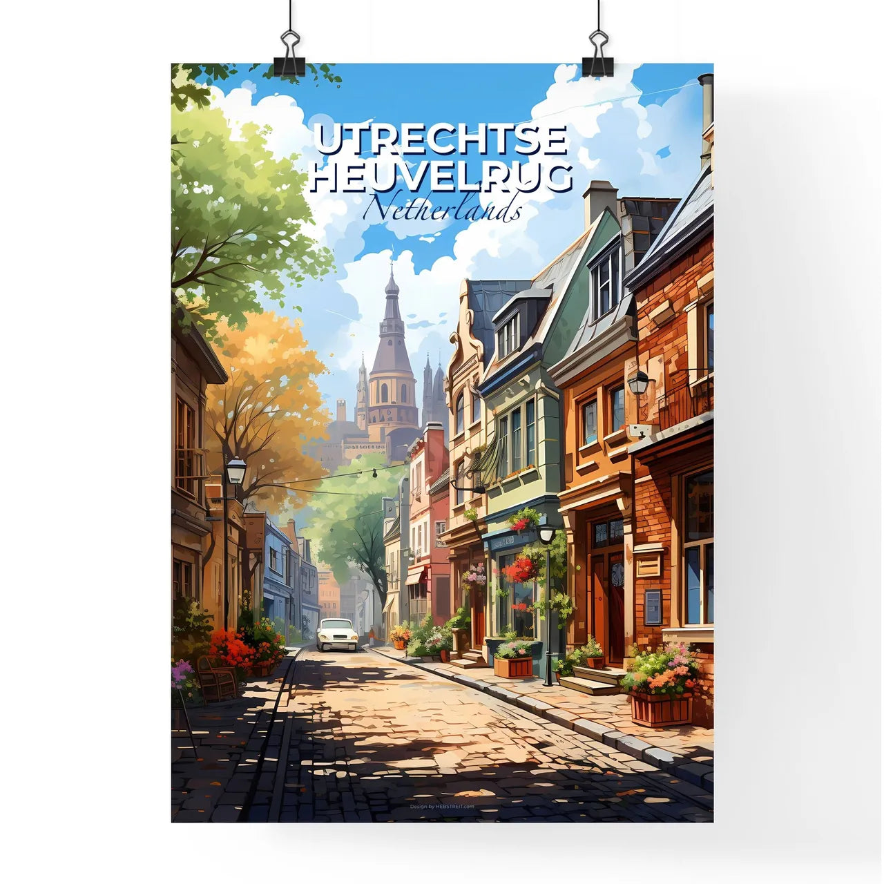 Utrechtse Heuvelrug, Netherlands, A Poster of a street with buildings and trees Default Title