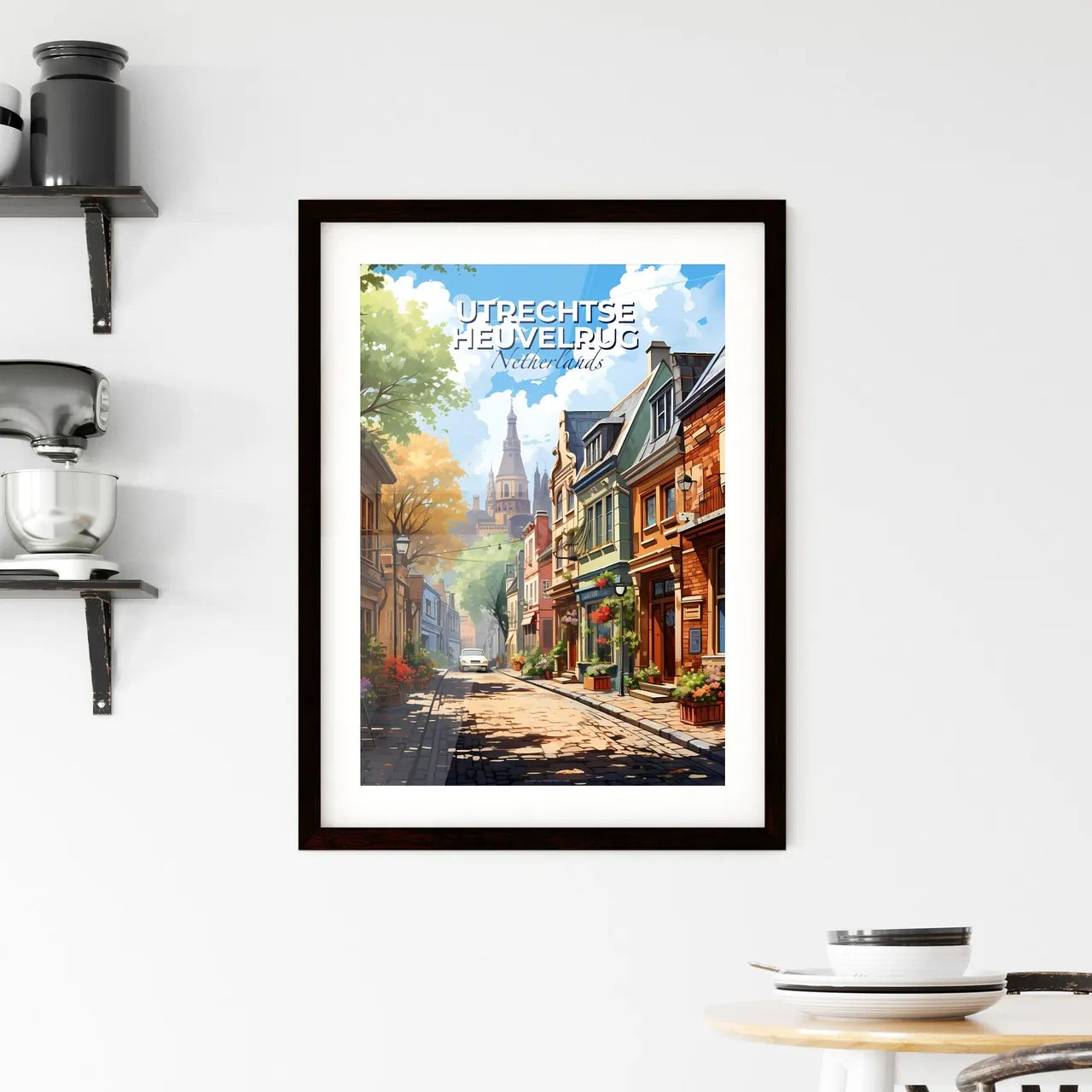 Utrechtse Heuvelrug, Netherlands, A Poster of a street with buildings and trees Default Title