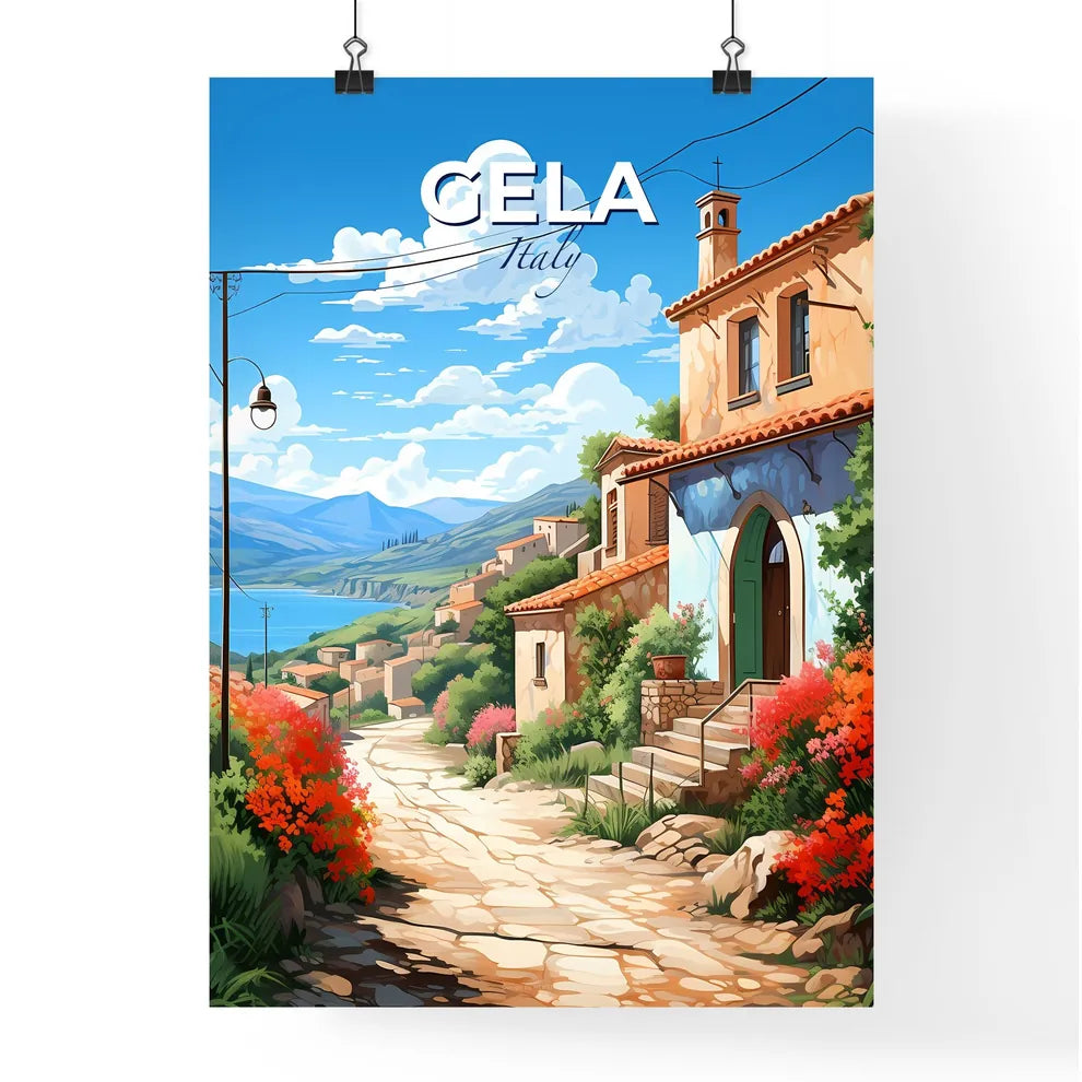 Gela, Italy, A Poster of a painting of a village with a path and a lake Default Title