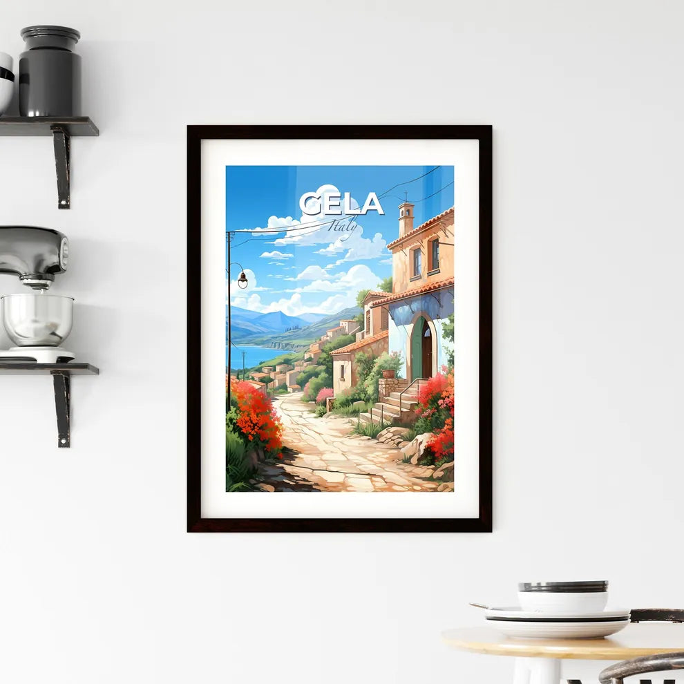 Gela, Italy, A Poster of a painting of a village with a path and a lake Default Title