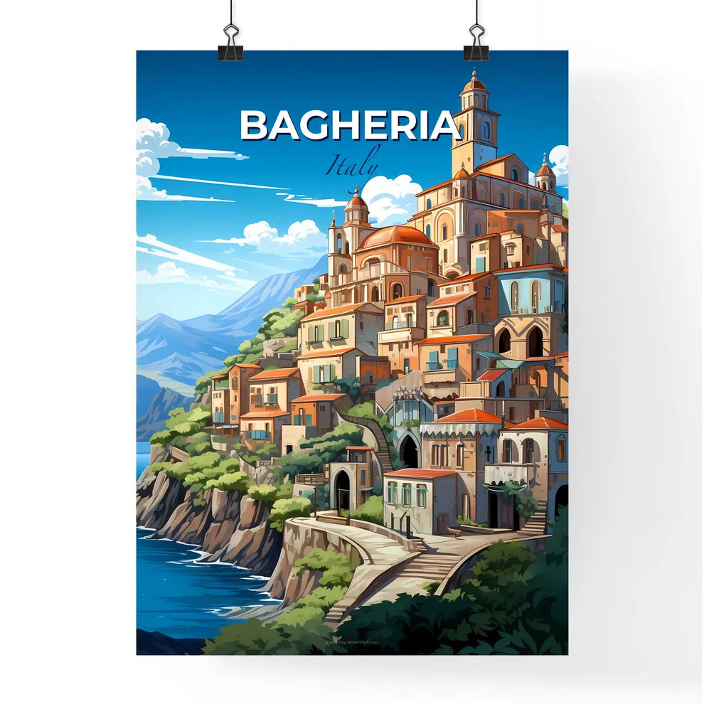 Bagheria, Italy, A Poster of a cartoon of a town on a cliff by the water Default Title