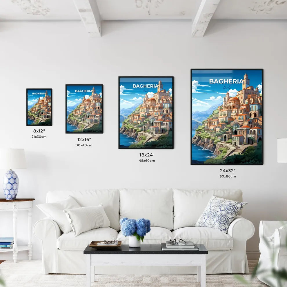 Bagheria, Italy, A Poster of a cartoon of a town on a cliff by the water Default Title