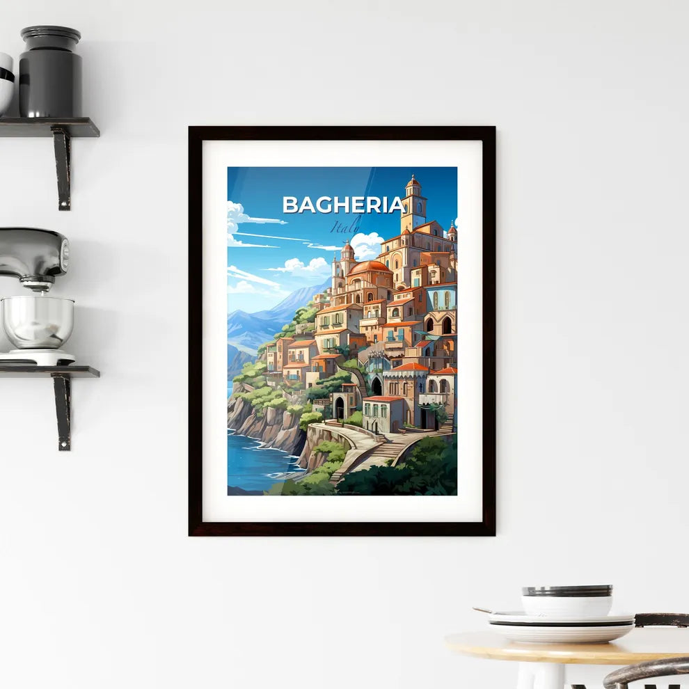 Bagheria, Italy, A Poster of a cartoon of a town on a cliff by the water Default Title