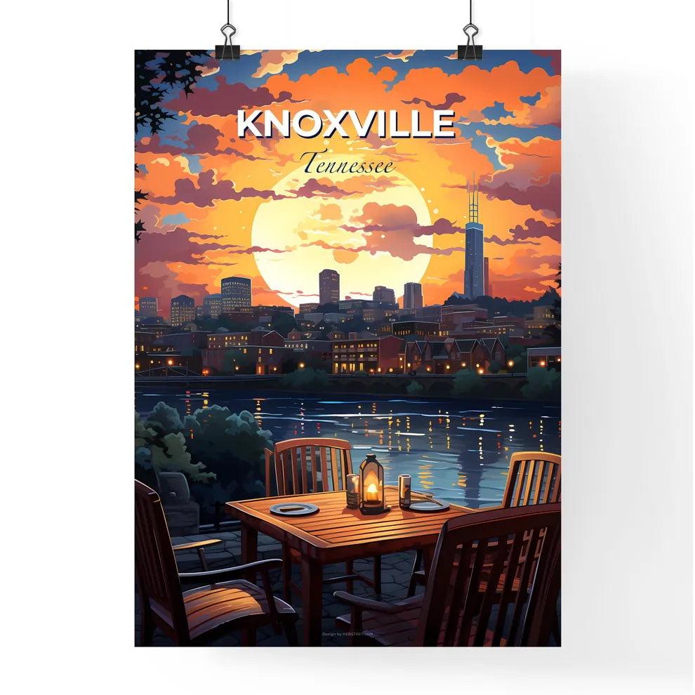 Knoxville, Tennessee, A Poster of a table and chairs with a sunset over the water Default Title
