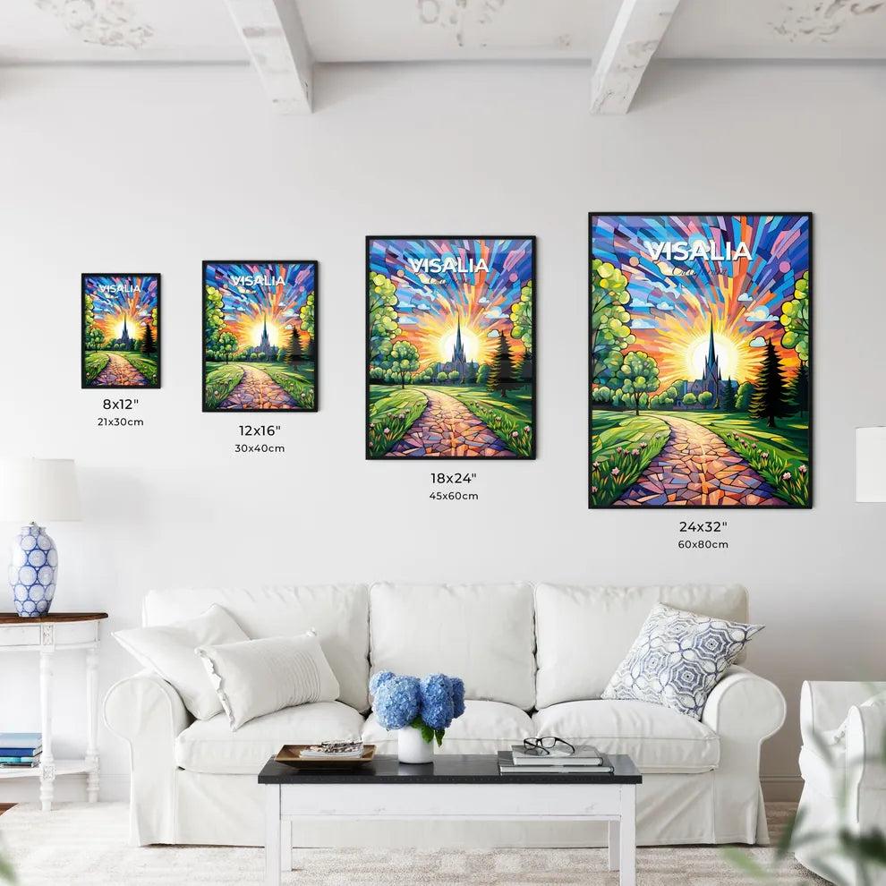 Visalia, California, A Poster of a colorful painting of a church and a road Default Title