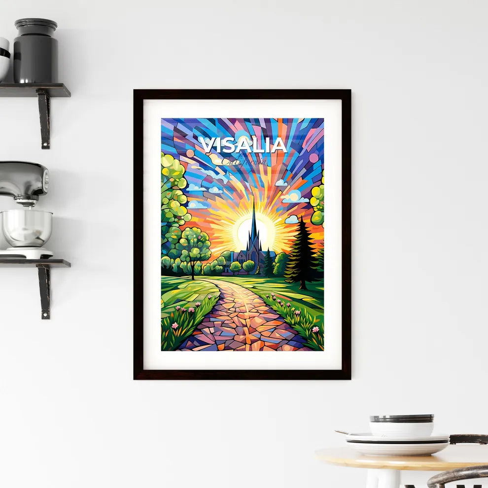Visalia, California, A Poster of a colorful painting of a church and a road Default Title