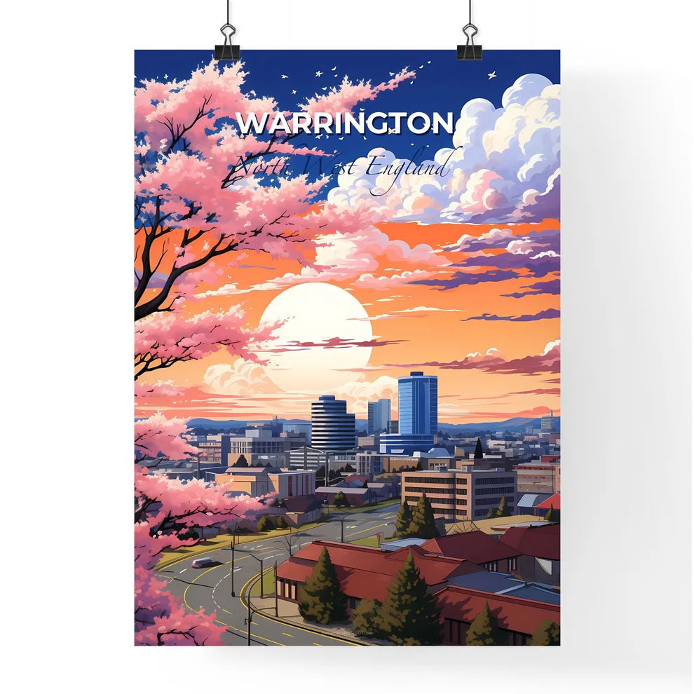 Warrington, North West England, A Poster of a city with pink flowers and a tree Default Title