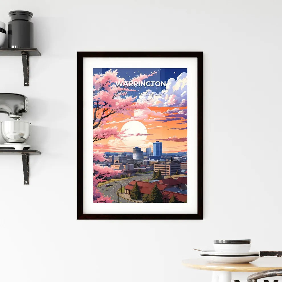 Warrington, North West England, A Poster of a city with pink flowers and a tree Default Title