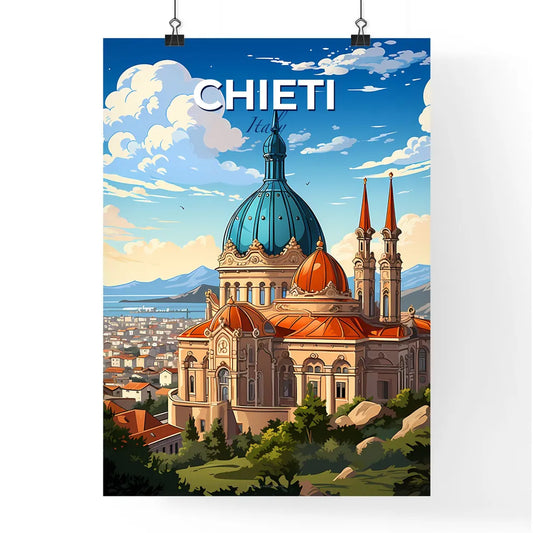 Chieti, Italy, A Poster of a building with a blue dome and a city in the background Default Title
