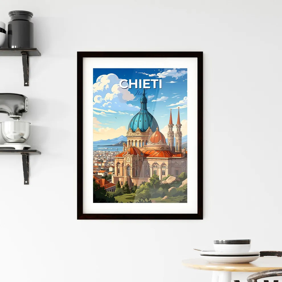 Chieti, Italy, A Poster of a building with a blue dome and a city in the background Default Title
