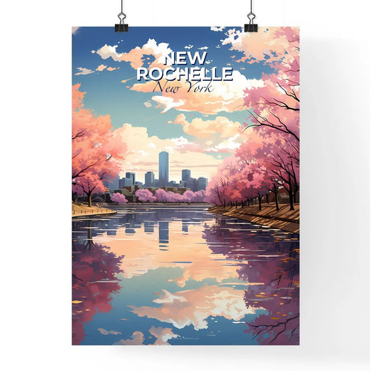 New Rochelle, New York, A Poster of a water body with pink trees and a city in the background Default Title