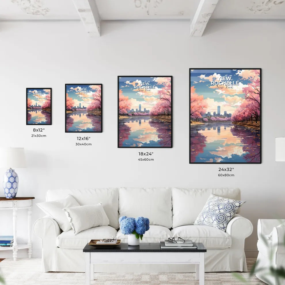 New Rochelle, New York, A Poster of a water body with pink trees and a city in the background Default Title